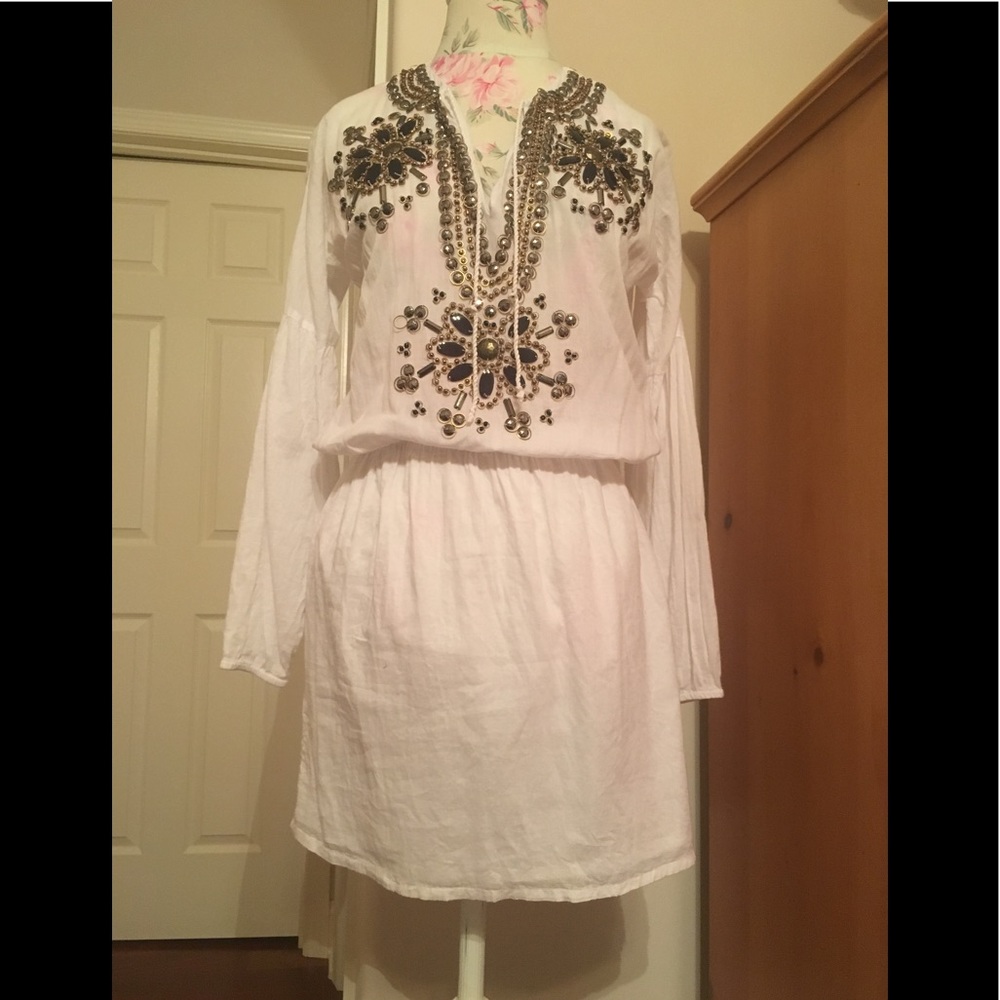 White cotton long sleeve dress w embellishment